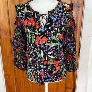 Maeve Anthropologie Black Floral Mixed Media Knit Ruffle Tie Neck Top XS